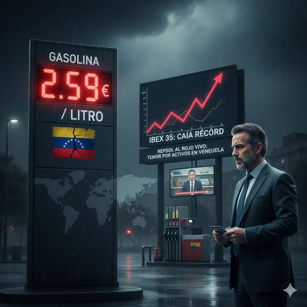 Impacto económico en España por la intervención militar en Venezuela 2026: primer plano de un surtidor de gasolina en una estación de servicio española mostrando precios en aumento, con un fondo desenfocado que combina la bandera de España y torres de extracción petrolera bajo un cielo tormentoso que simboliza la incertidumbre financiera.