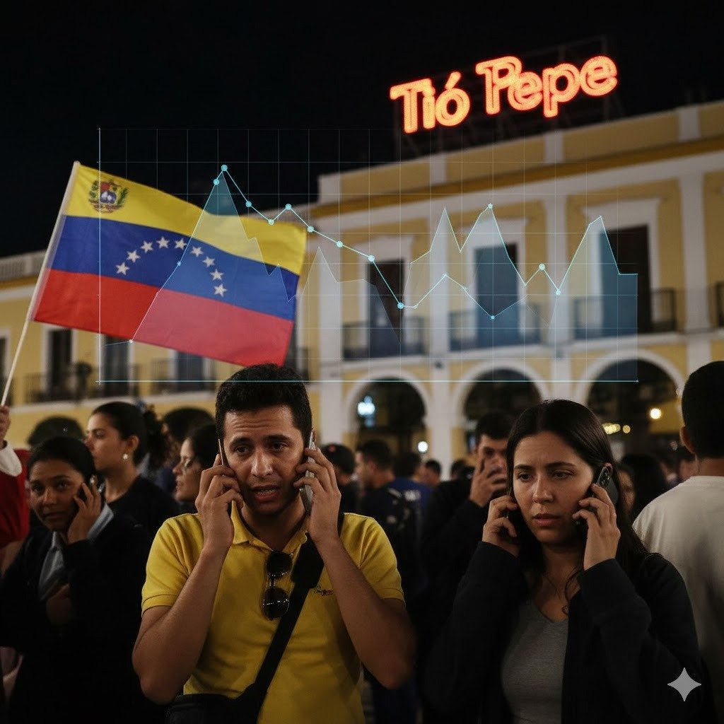 Impacto humano y comercial en Jerez de la Frontera por la crisis en Venezuela 2026: primer plano de manos sosteniendo un teléfono móvil con mensajes de noticias sobre Caracas, junto a una copa de vino de Jerez sobre una mesa de madera de un tabanco local, simbolizando la preocupación de la comunidad venezolana y la incertidumbre en el comercio bodeguero.
