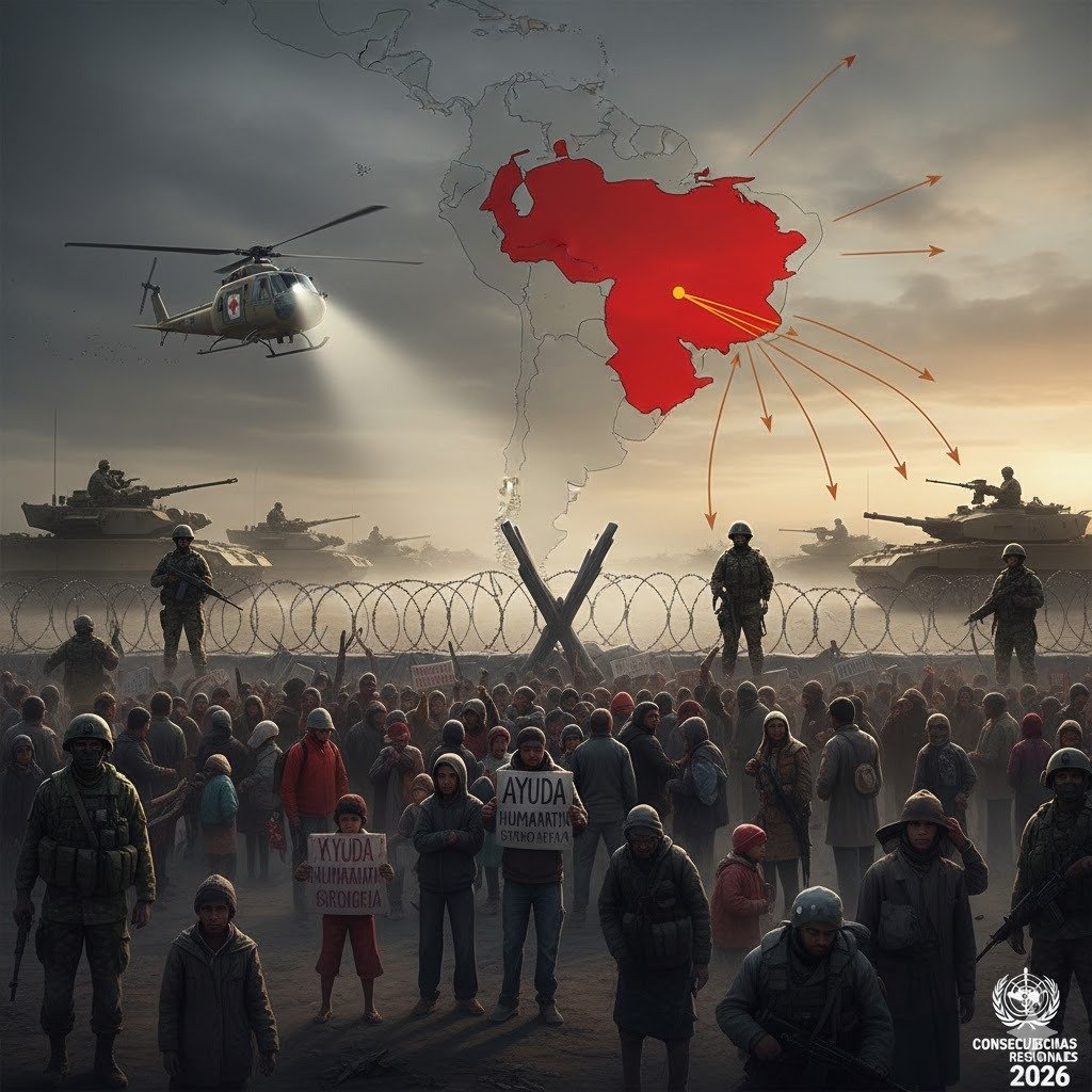 Incertidumbre en las fronteras de América Latina por la intervención en Venezuela 2026: vista aérea de un puesto fronterizo con banderas de Brasil y Colombia, donde se observa una columna de civiles y vehículos bajo la supervisión de efectivos militares, simbolizando la crisis de refugiados y la tensión regional tras el estallido del conflicto.