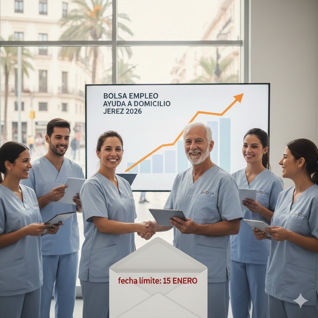 Un grupo de profesionales del sector sociosanitario con uniformes celestes posando en una oficina moderna de Jerez, con una pantalla al fondo que muestra el texto Bolsa de Empleo Ayuda a Domicilio Jerez 2026 y una gráfica de crecimiento, junto a un sobre en primer plano que destaca la fecha límite 15 de enero.