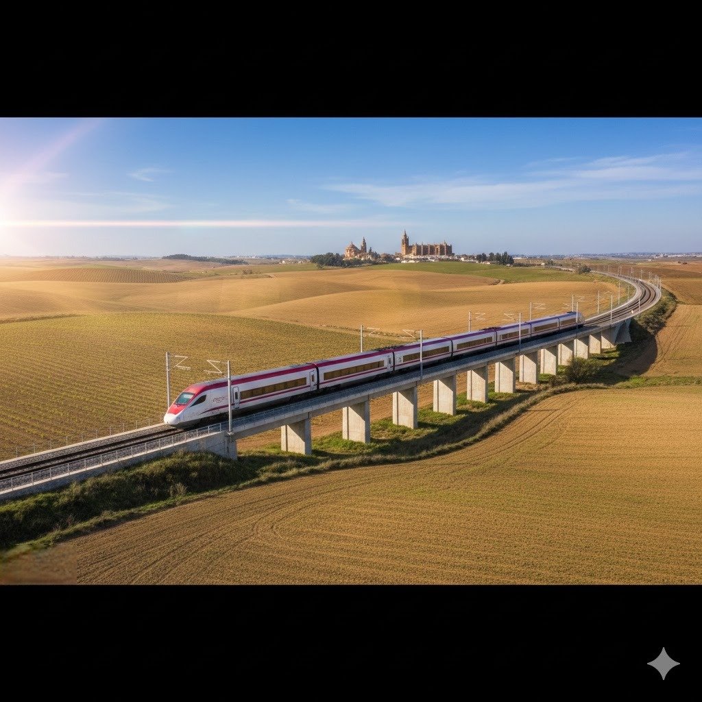 Tren de alta velocidad Renfe cruzando viaducto en la campiña de Jerez con vistas al horizonte y cielo despejado para promocionar billetes de tren baratos en rebajas de enero.