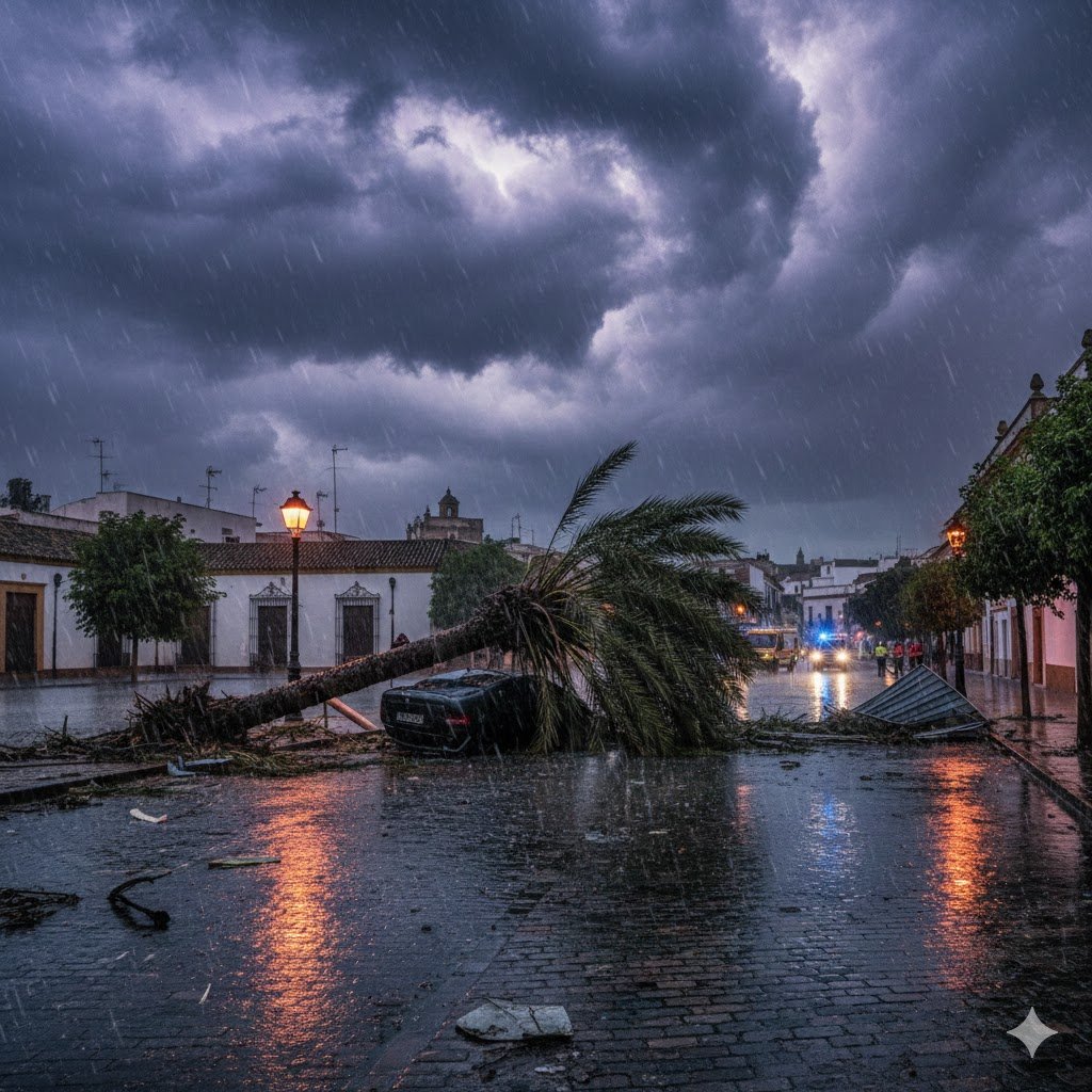 Palmera caída sobre un coche en una calle inundada de Jerez por los fuertes vientos de la borrasca Joseph, con servicios de emergencia al fondo.