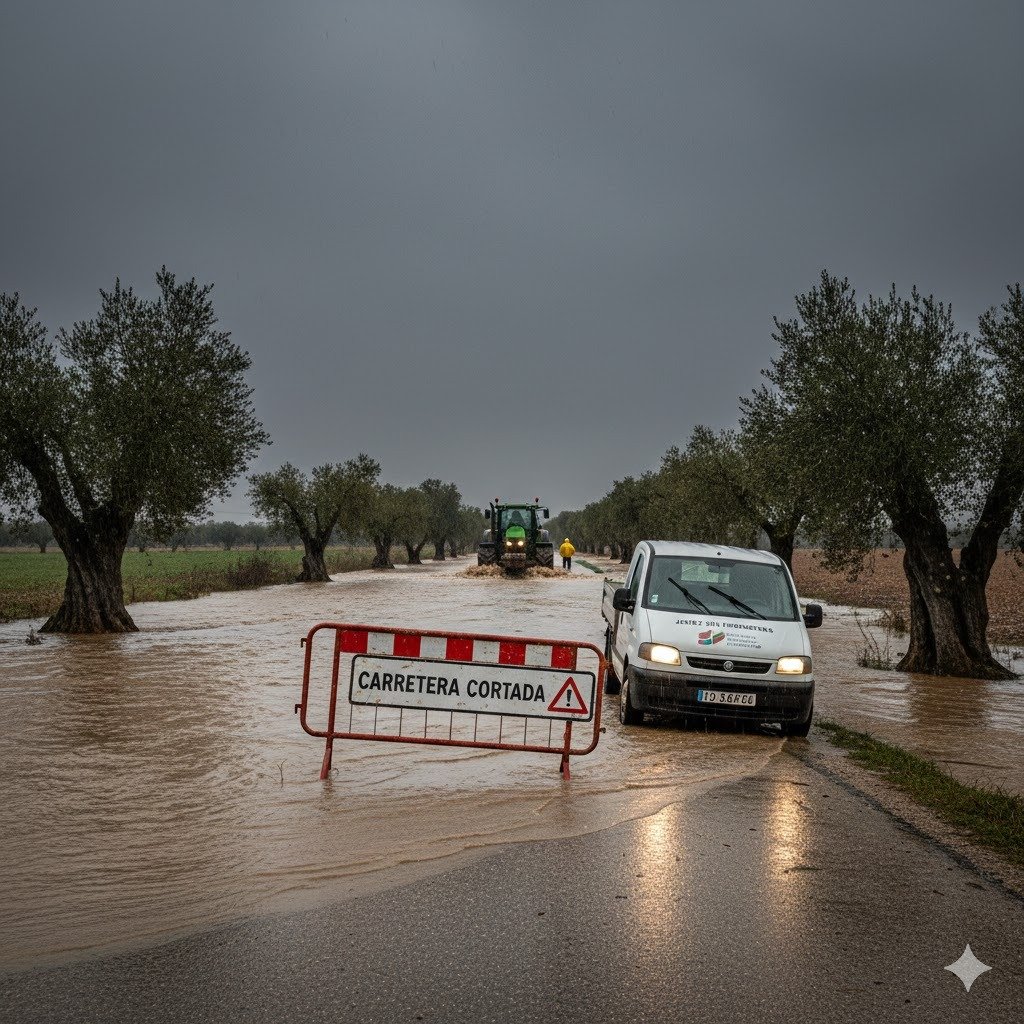 Carretera secundaria inundada en la campiña de Jerez con señal de carretera cortada, furgoneta de reparto y tractor detenidos por el temporal en la provincia de Cádiz.