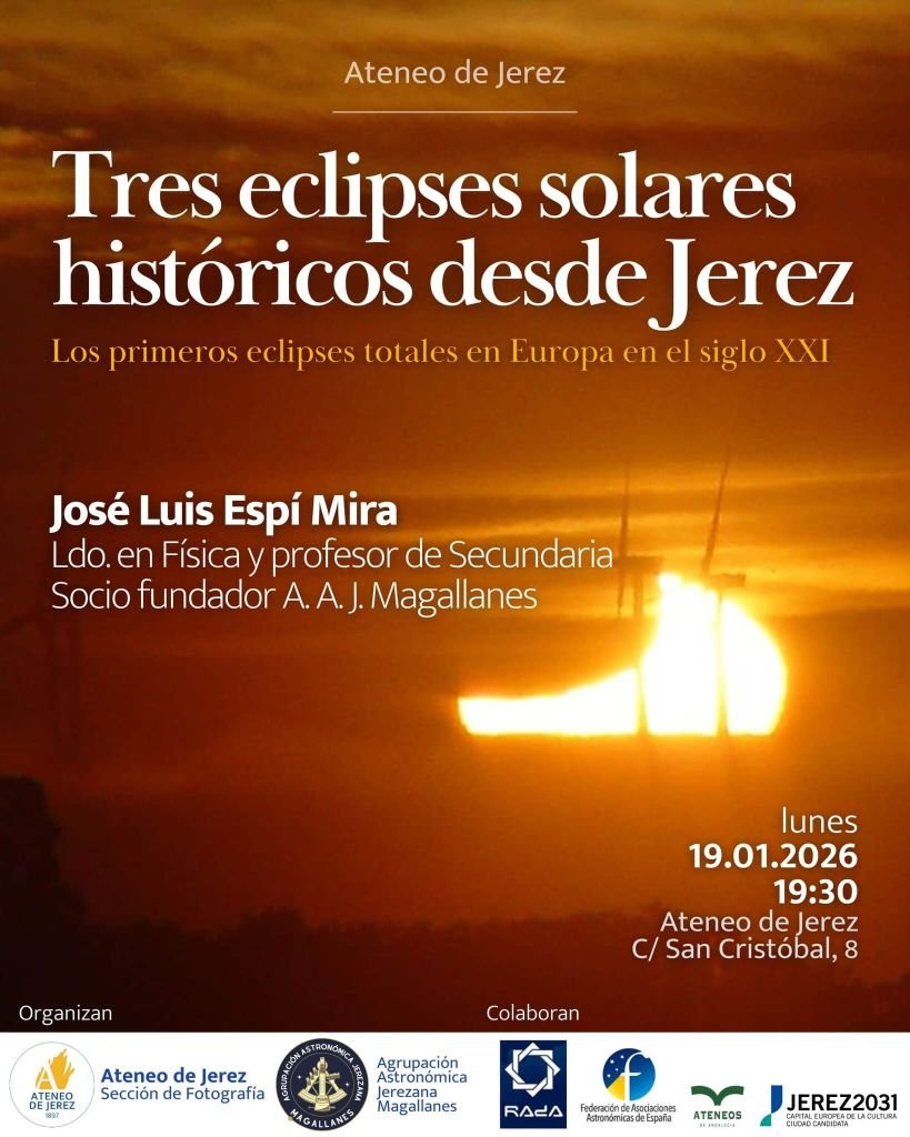 Cartel oficial del Ateneo de Jerez anunciando la conferencia sobre los tres eclipses solares históricos desde Jerez por José Luis Espí Mira, con una imagen de un sol eclipsado al atardecer.