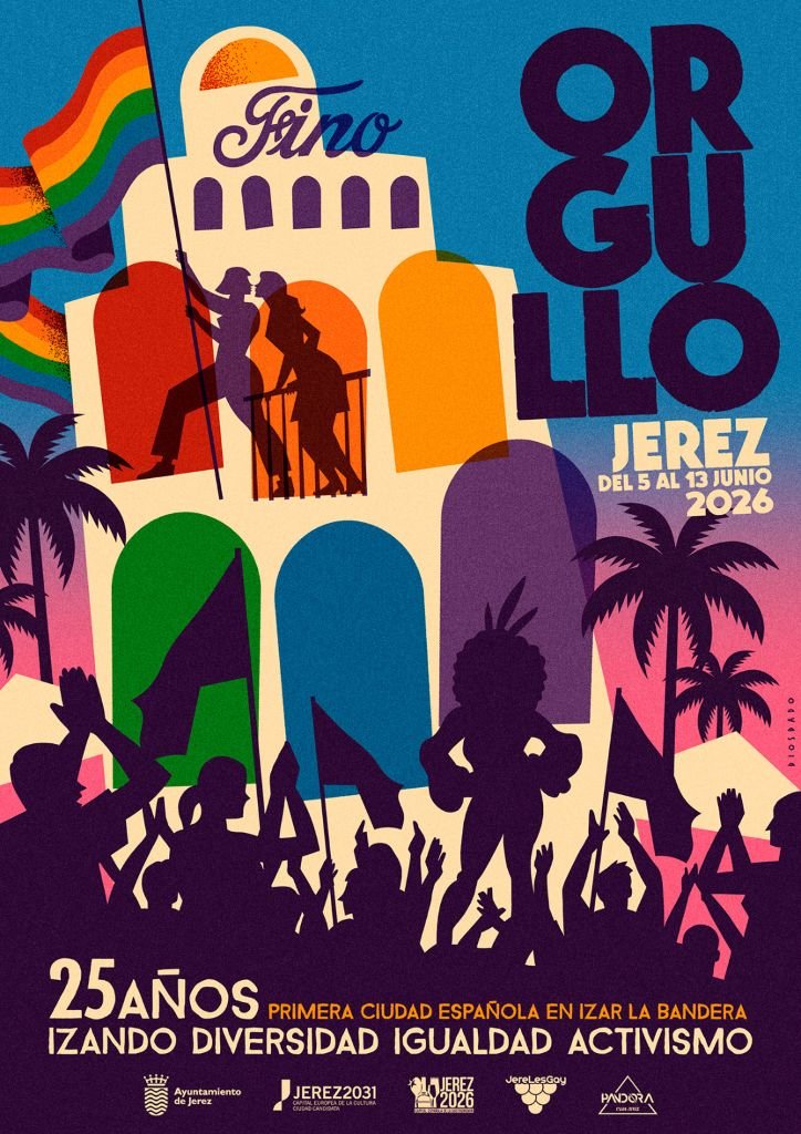Cartel oficial del Orgullo LGTBIQAP+ Jerez 2026 diseñado por Daniel Diosdado celebrando el 25 aniversario de la bandera arcoíris con siluetas de personas celebrando y monumentos icónicos de Jerez de la Frontera.