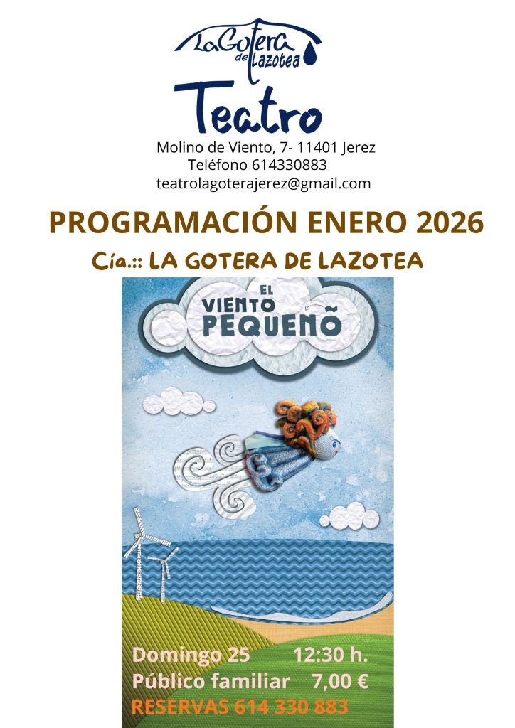 Cartel de la obra de títeres El Viento Pequeño en Jerez de la Frontera, compañía La Gotera de Lazotea, con detalles de fecha domingo 25 de enero a las 12:30 y contacto de reservas.