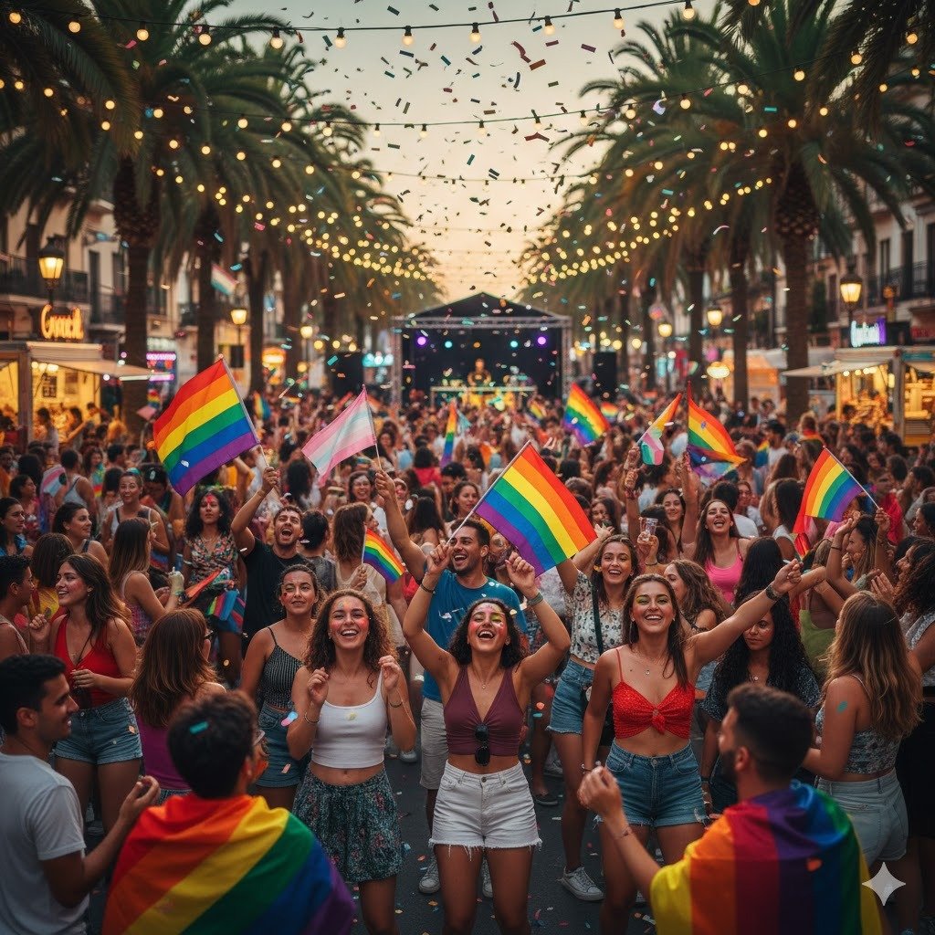Personas celebrando la diversidad en una calle festiva con banderas arcoíris y confeti durante un evento del Orgullo LGTBIQAP+, atmósfera alegre y fotorrealista.