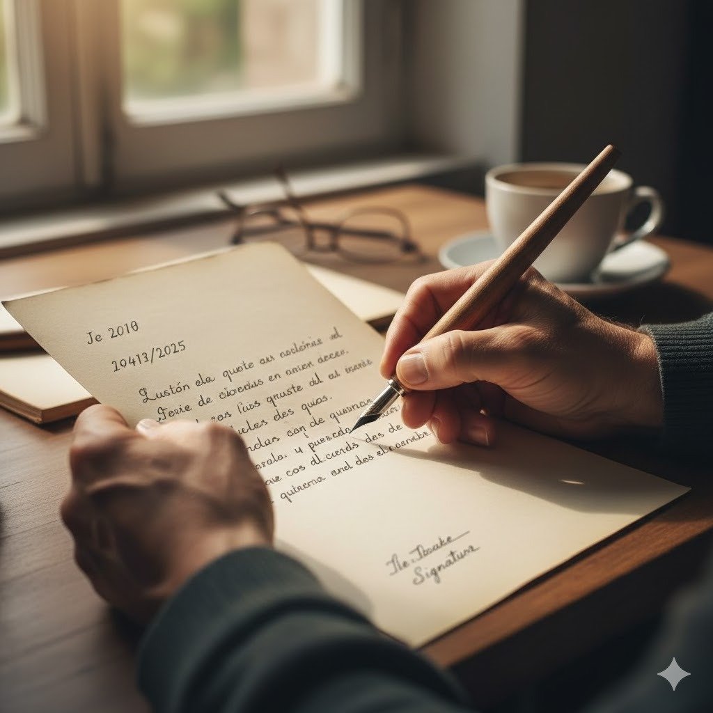 Primer plano de una mano escribiendo cuidadosamente con una pluma antigua sobre un papel de pergamino en un ambiente íntimo y cálido, representando la redacción de un testamento ológrafo de puño y letra según la normativa legal española.