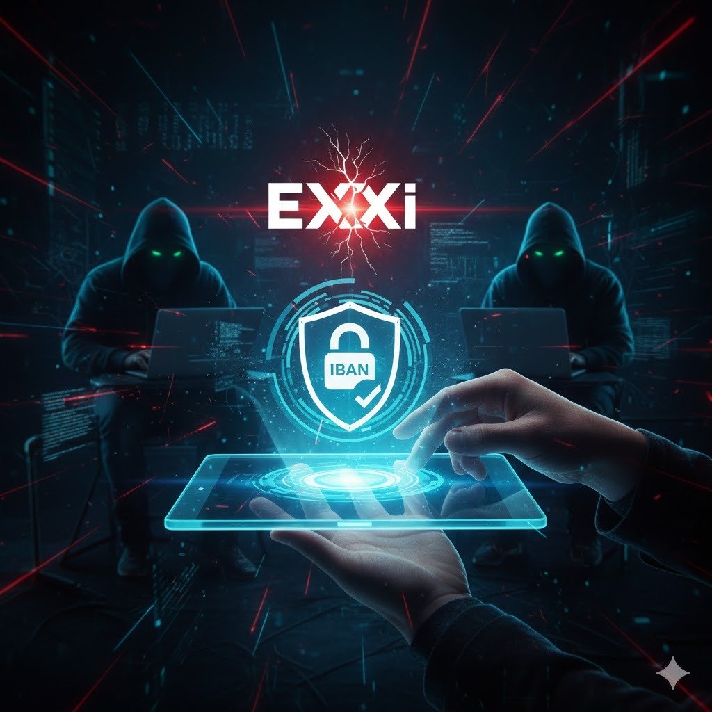 Representación conceptual de ciberseguridad financiera con una mano sosteniendo un escudo digital sobre un IBAN bancario, bajo un fondo de ciberataque y redes eléctricas en tensión.