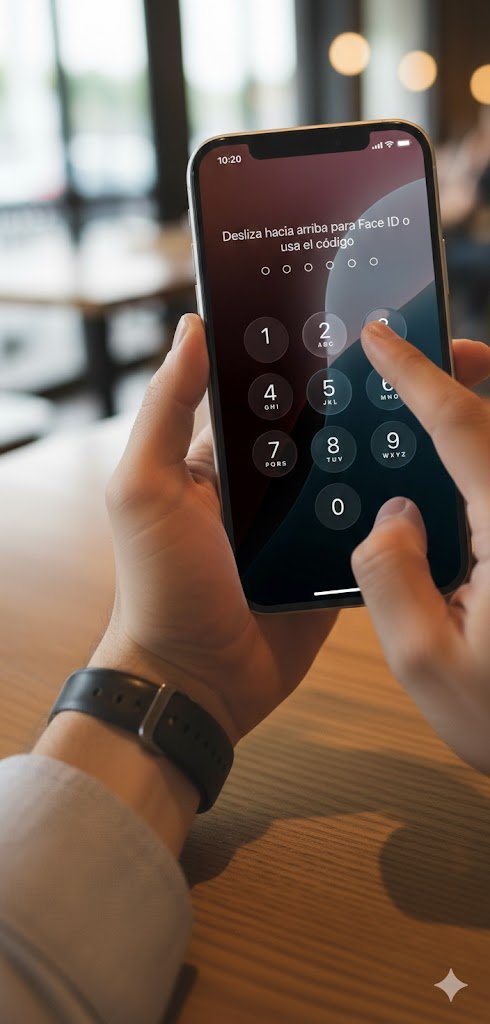 Primer plano de una persona sosteniendo un iPhone que muestra la pantalla de bloqueo con teclado numérico en un entorno cálido, ideal para ilustrar cómo quitar el bloqueo de pantalla en iPhone.