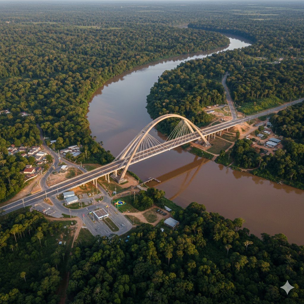 Fotografía aérea del Puente Internacional sobre el río Oyapoque que une la Guayana Francesa con el estado de Amapá en Brasil.