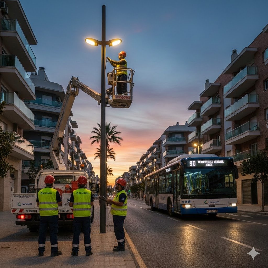 Operarios de Comujesa trabajando en el mantenimiento y cambio a luminarias LED en una calle de Jerez.