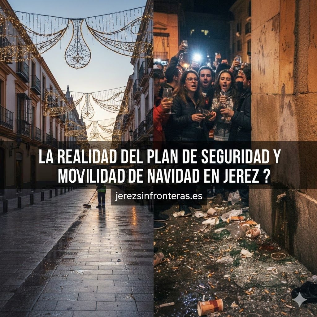 Imagen dividida que muestra el contraste en Jerez: a la izquierda, un operario de limpieza trabajando bajo el alumbrado navideño en una calle vacía al amanecer; a la derecha, una multitud en una zambomba con suciedad y residuos acumulados en el suelo, ilustrando el impacto del Plan de Seguridad y Movilidad de la Navidad en Jerez.