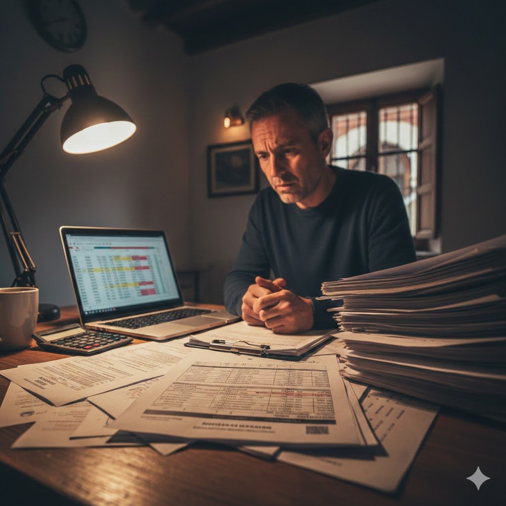 Autónomo de mediana edad con expresión de preocupación revisando facturas, balances contables y modelos fiscales oficiales sobre una mesa de madera con un ordenador portátil para demostrar pérdidas económicas.