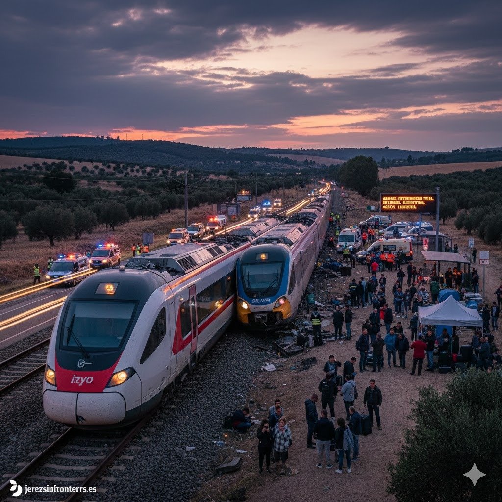 Escena de emergencia tras el choque de trenes en Adamuz entre un tren Iryo y un Alvia con presencia de servicios de rescate y pasajeros afectados en las vías al atardecer.