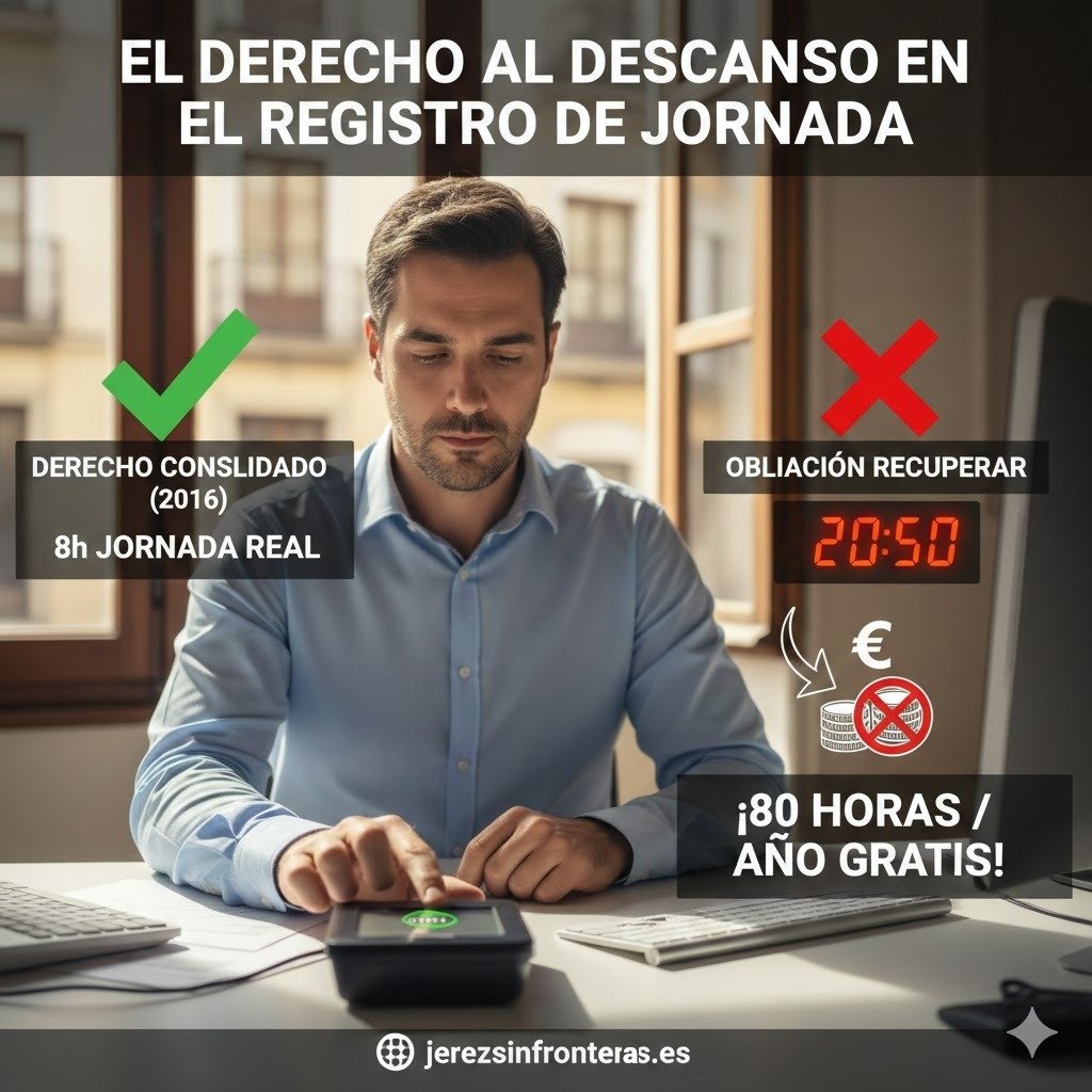 Infografía sobre derechos laborales y registro de jornada en oficinas de Cádiz.