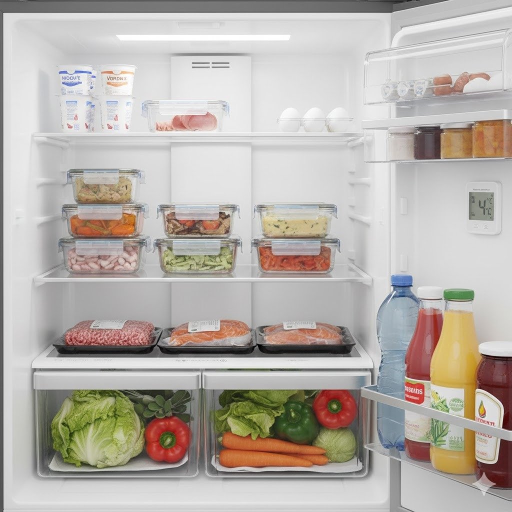 Interior de un frigorífico doméstico organizado de forma eficiente con recipientes de vidrio herméticos, frutas y verduras frescas en los cajones y estantes ordenados para maximizar la conservación de los alimentos.