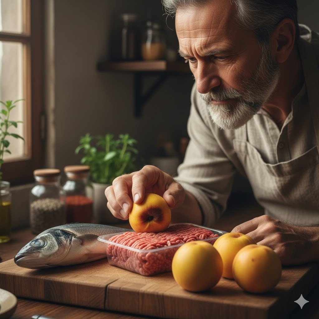 Un hombre mayor inspeccionando críticamente una manzana y carne picada junto a un pescado fresco en una tabla de cortar, ilustrando el uso de los sentidos para evaluar la frescura de los alimentos.