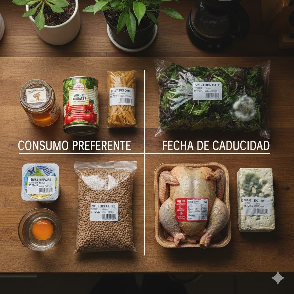 Infografía comparativa sobre seguridad alimentaria que muestra productos de consumo preferente (miel, tomate en conserva, pasta, yogur y legumbres) frente a productos con fecha de caducidad (ensalada en bolsa, pollo crudo y queso con moho) sobre una mesa de madera.