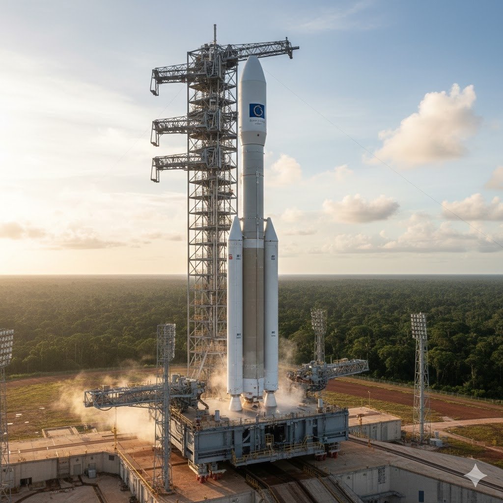 Cohete Ariane de la Agencia Espacial Europea en la plataforma de lanzamiento del puerto espacial de Kurú, Guayana Francesa.
