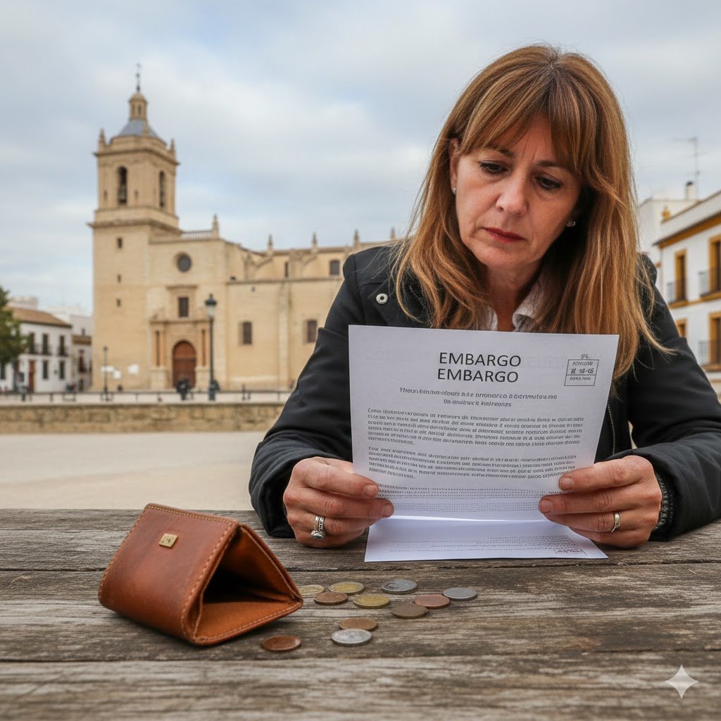 Mujer en Jerez de la Frontera con expresión de preocupación leyendo una notificación judicial de embargo de salarios frente a la Catedral, con un monedero vacío sobre una mesa de madera.