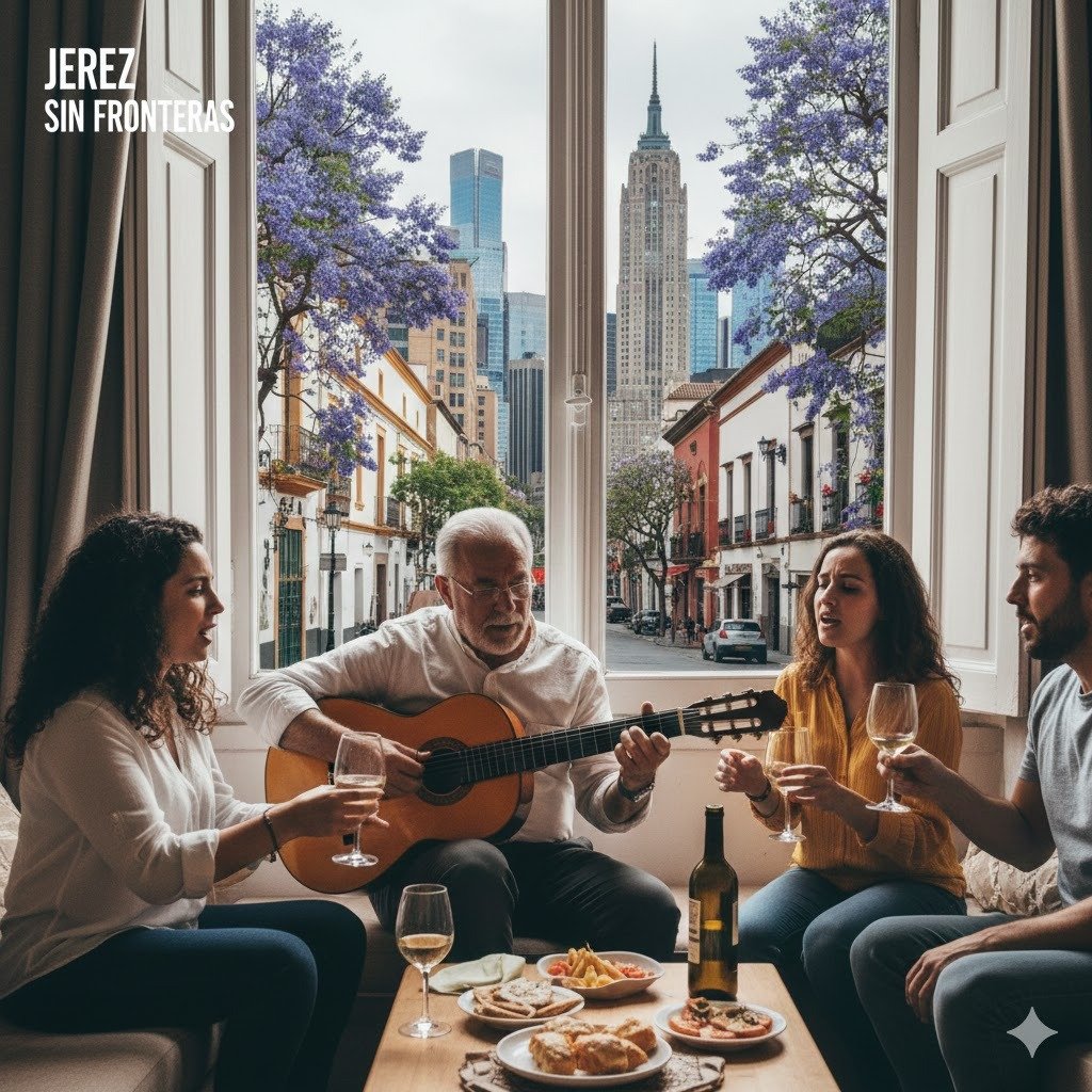 Familia de jerezanos en Estados Unidos celebrando con guitarra española, vino de Jerez y tapas típicas en un salón con vistas al skyline de Nueva York fusionado con una calle tradicional de Jerez de la Frontera.