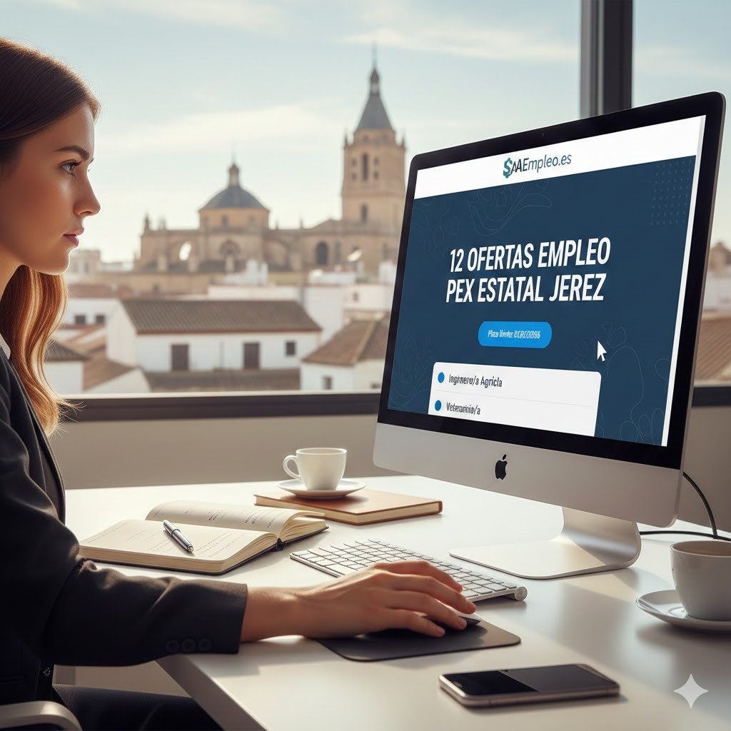Joven profesional consultando en un ordenador las 12 ofertas de empleo en Jerez de la Frontera PEX estatal con vistas a la Catedral de Jerez.