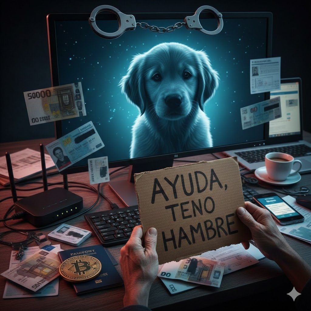 Ilustración conceptual sobre estafas en la venta de mascotas por internet que muestra un ordenador con un cachorro, esposas policiales, billetes, criptomonedas y un cartel de ayuda de una persona mayor.