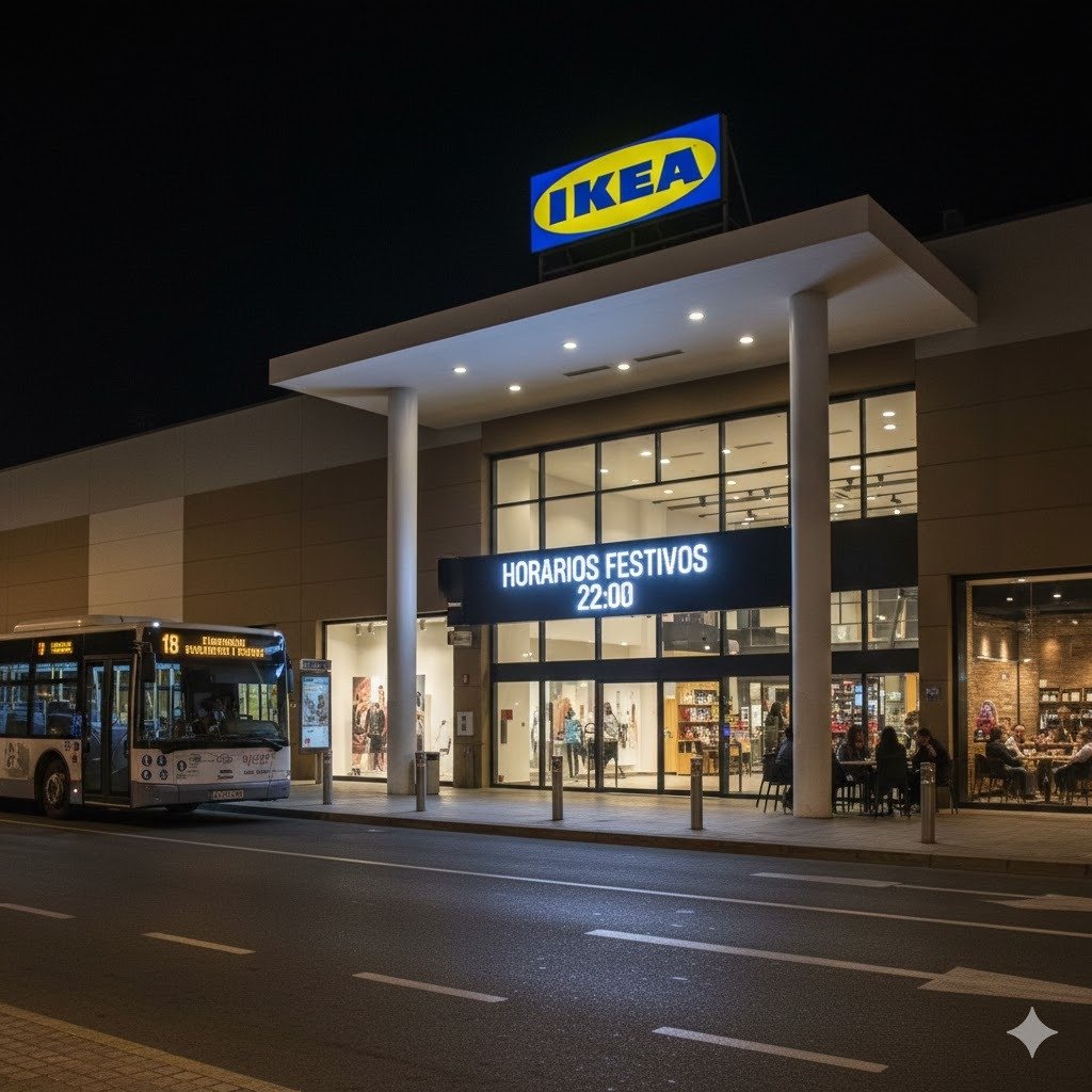 Reloj de pared elegante sobre una fachada moderna, marcando las diez de la mañana, con el reflejo de la entrada de un centro comercial en Jerez, simbolizando el inicio de los horarios de apertura en domingos y festivos de 2026.