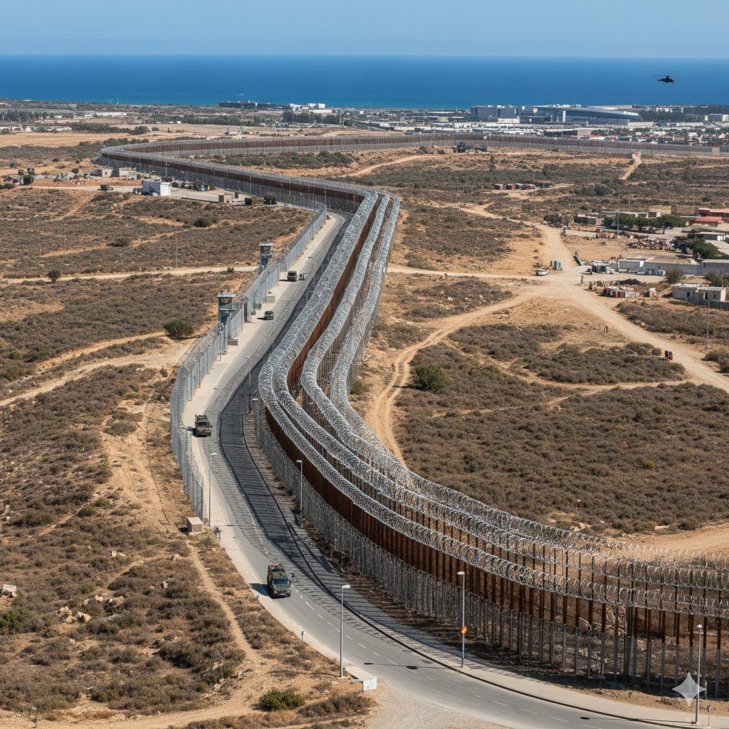 Vista panorámica de la valla fronteriza de Ceuta que separa el territorio español de la Unión Europea del Reino de Marruecos.