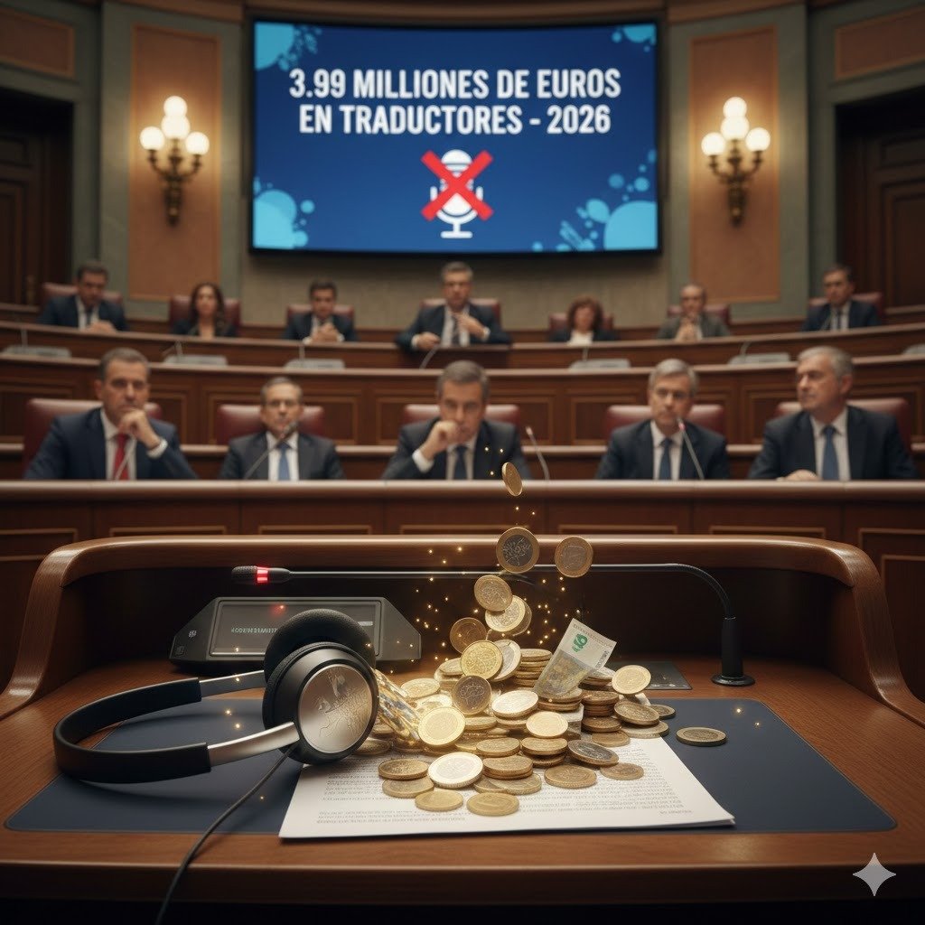 Un par de auriculares de traducción profesional sobre un escritorio del Congreso de los Diputados rodeados de monedas de euro, con parlamentarios desenfocados al fondo y una pantalla que indica el gasto de 3,99 millones de euros en traductores para 2026.