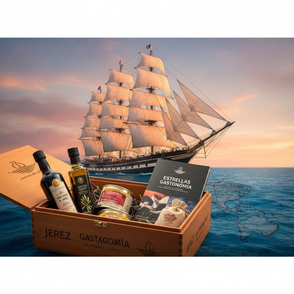 Gastronomía de Cádiz y el Juan Sebastián Elcano: caja de madera con Vinagre de Jerez, aceite de oliva y conservas frente al buque escuela navegando al atardecer.