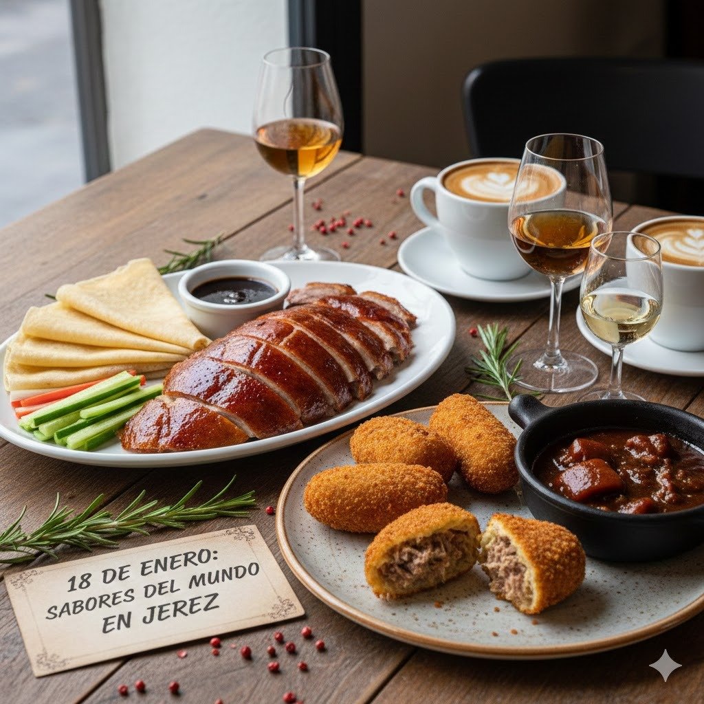 Pato laqueado a la pekinesa junto a croquetas caseras de pringá y copas de vino de Jerez sobre mesa de madera rústica, ilustrando las efemérides gastronómicas del 18 de enero.