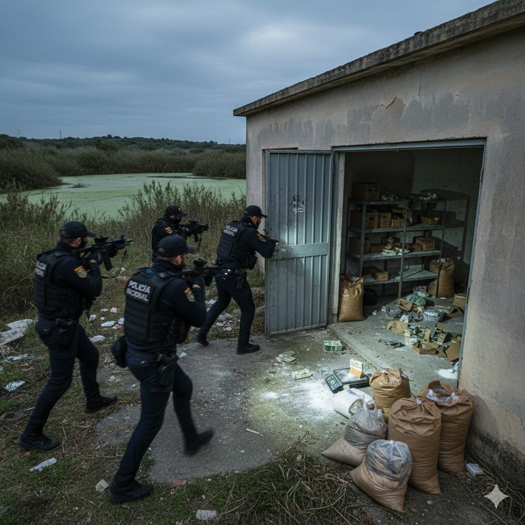 Agentes de la Policía Nacional interviniendo una guardería de cocaína con fardos y balanzas en una zona rural junto a la Laguna de Torrox en Jerez.
