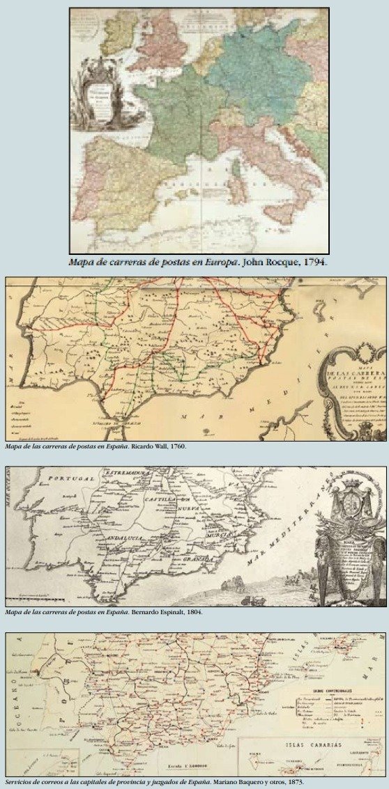 Colección de mapas históricos del siglo XVIII y XIX que muestran la evolución de las carreteras de postas en España y su conexión con las principales capitales europeas.