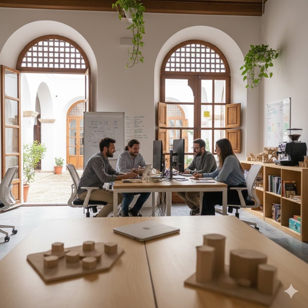 Una imagen que muestre un espacio de coworking moderno y luminoso en Jerez, con personas colaborando o trabajando en laptops.