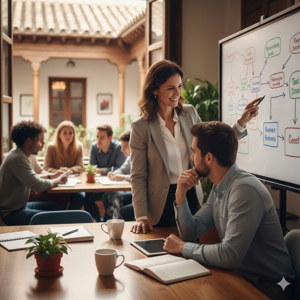 Dos personas en una sesión de mentoría empresarial frente a un ordenador, representando el valor de la formación y el asesoramiento personalizado para emprendedores en Jerez.