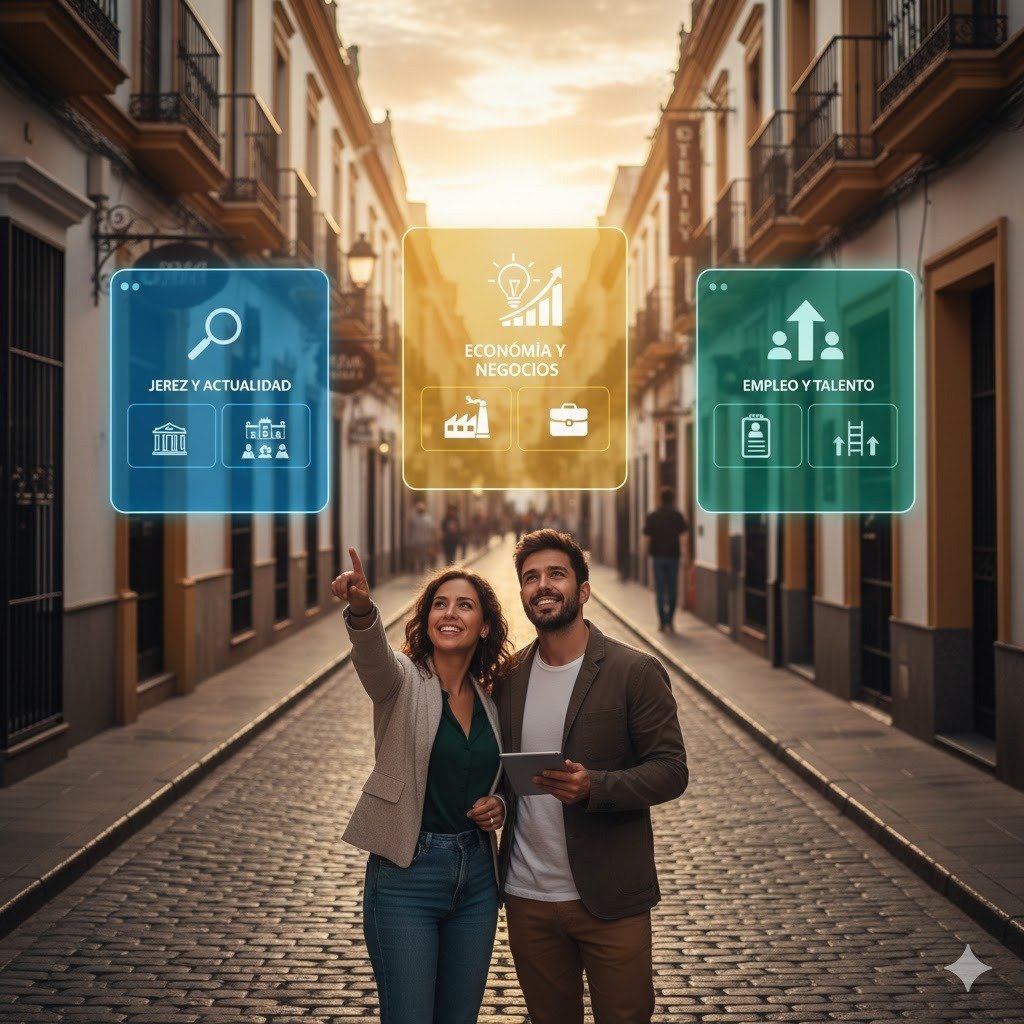 Imagen de un entorno de trabajo profesional con vistas a una calle emblemática de Jerez de la Frontera, invitando a explorar los recursos de empleo, economía y actualidad local.