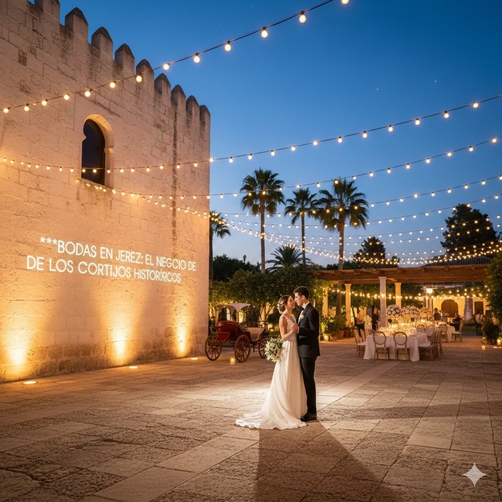 Boda de lujo en un cortijo histórico de Jerez de la Frontera con iluminación de guirnaldas, patio empedrado y arquitectura tradicional andaluza durante un evento nocturno premium