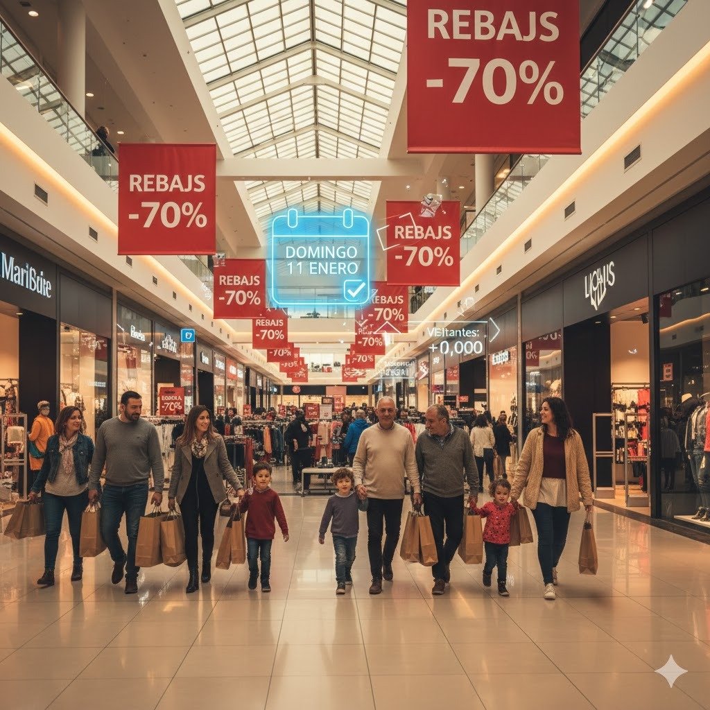 Interior moderno de un centro comercial en Jerez de la Frontera con ambiente vibrante de rebajas, familias comprando en grandes superficies como Área Sur o LUZ Shopping y carteles luminosos que anuncian la apertura especial del domingo 11 de enero de 2026