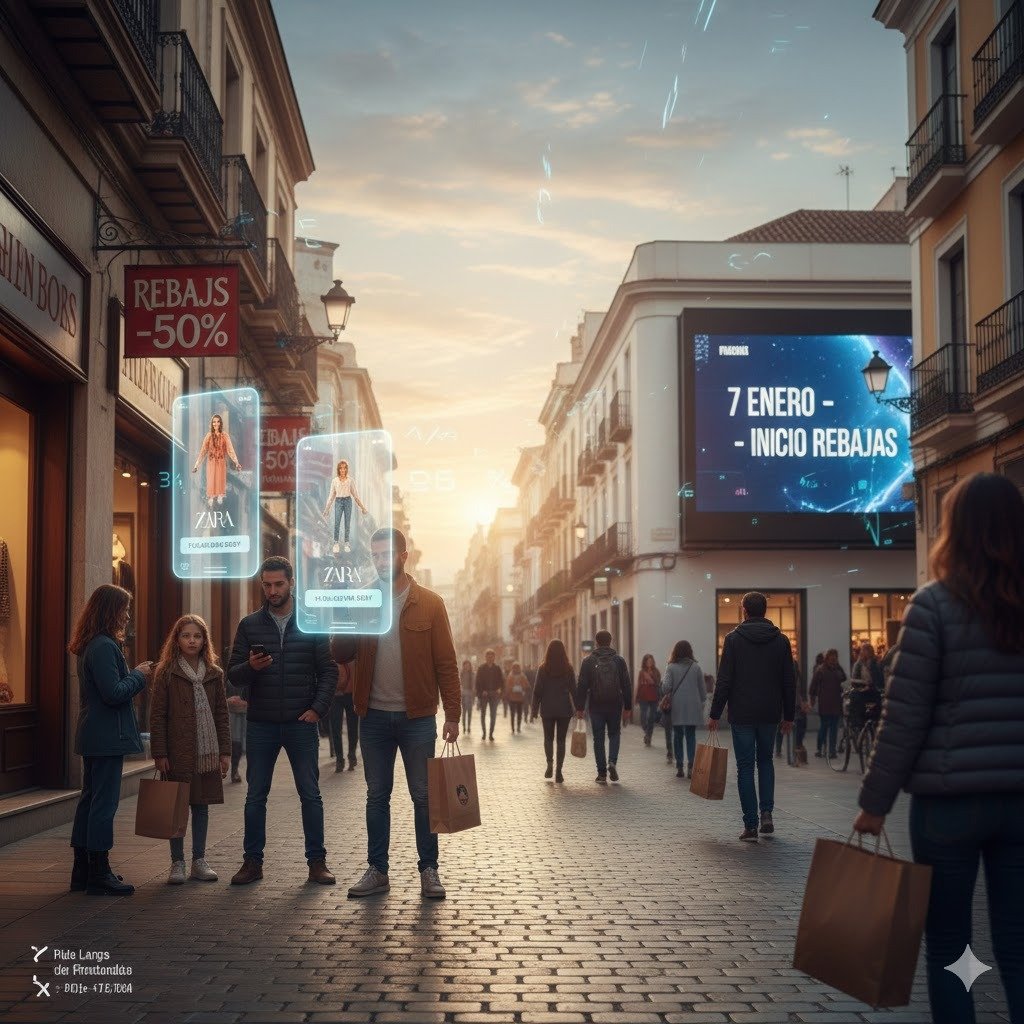 alt="Ambiente matutino en la Calle Larga de Jerez de la Frontera el 7 de enero, con ciudadanos paseando entre fachadas históricas y escaparates con carteles de rebajas, capturando el inicio de la campaña comercial de 2026 tras el día de Reyes