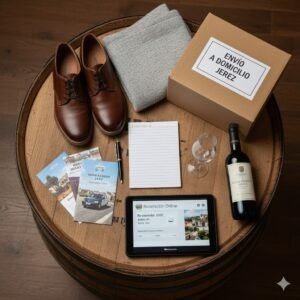 Imagen de una tablet con una lista de preparativos para visitar bodegas de Jerez en 2026, situada sobre una bota de vino junto a un cuaderno de notas y una copa de Sherry, en un entorno de bodega histórica con barricas de solera y luz filtrada