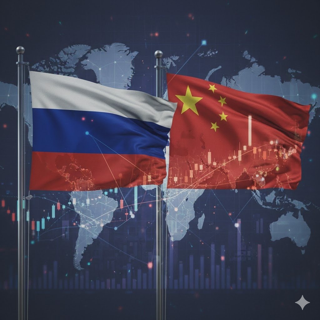 Banderas de Rusia y China reaccionando a la geopolítica de Venezuela y el arresto de Maduro.