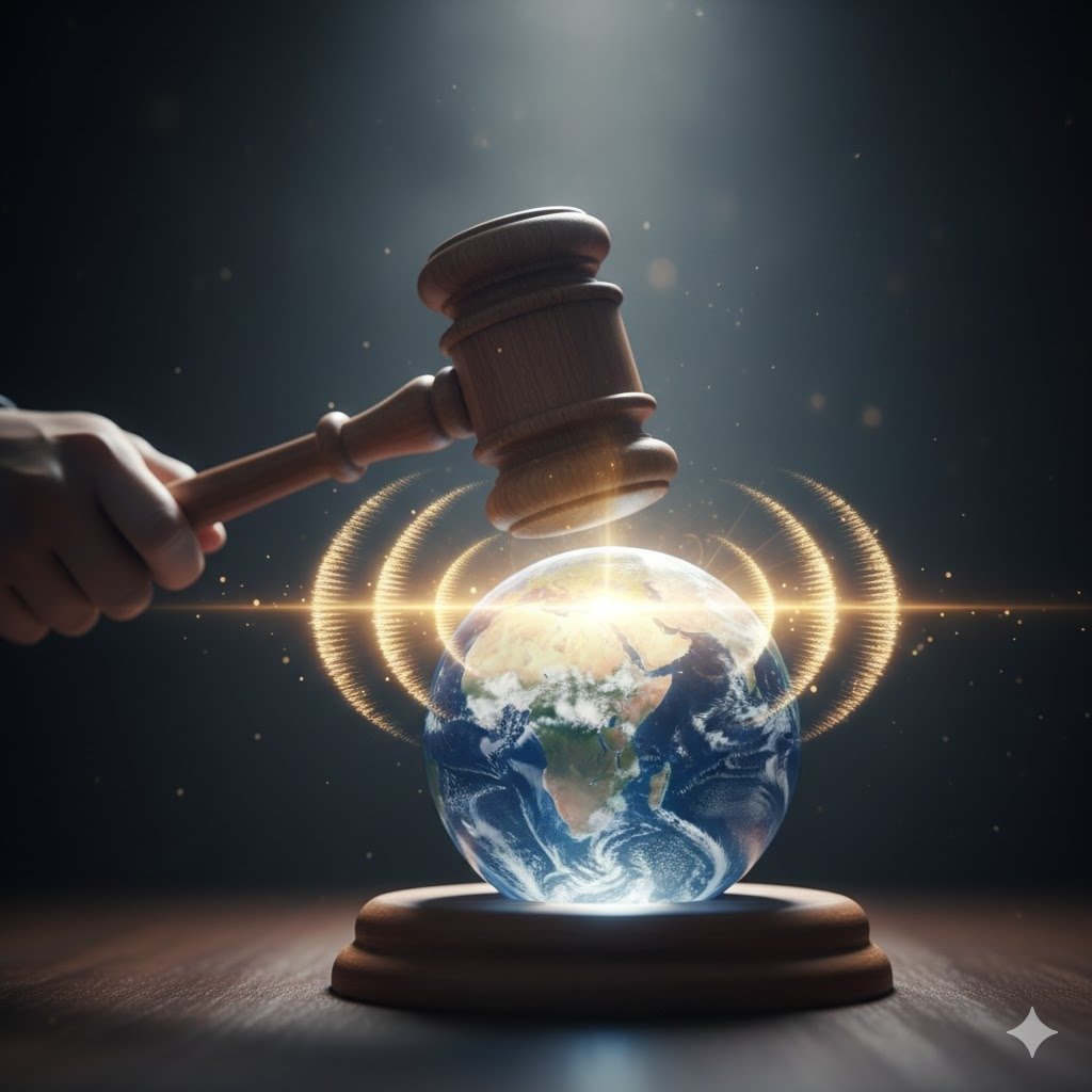 Martillo de juez impactando sobre el mundo, simbolizando el futuro de la justicia internacional y la soberanía.