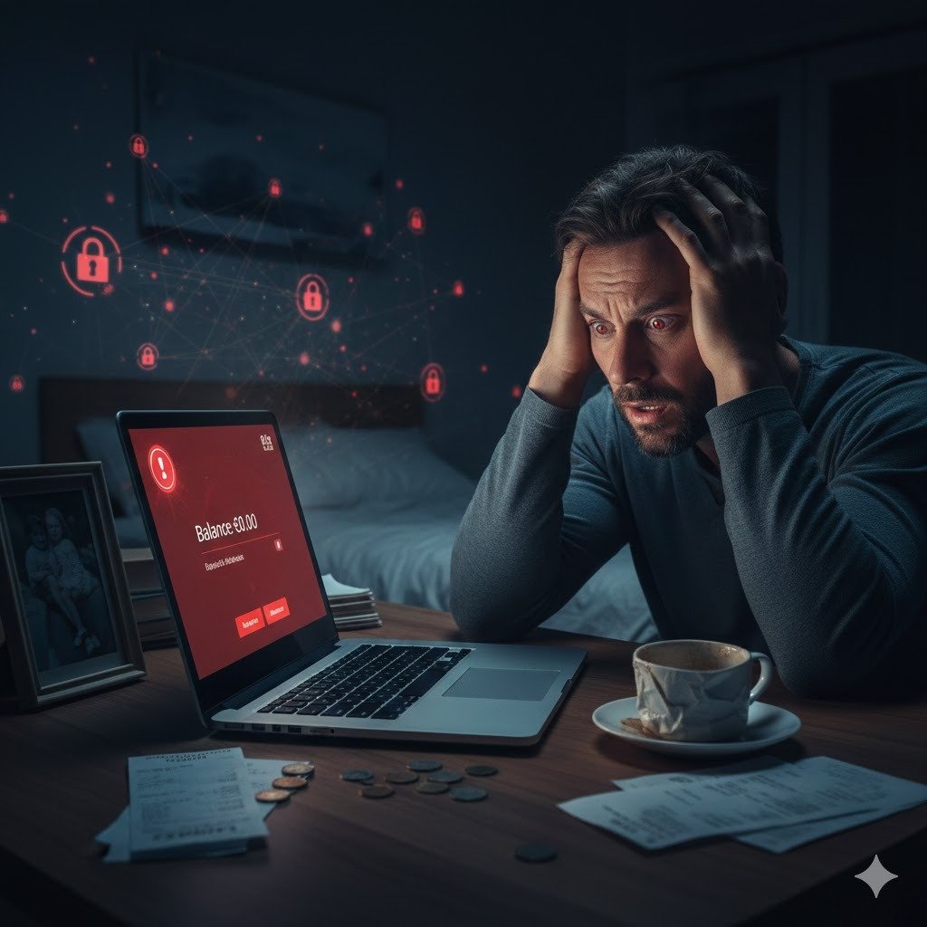 Primer plano cinematográfico de una persona angustiada en una habitación en penumbra, reflejando la luz azul de un teléfono móvil que muestra un saldo bancario de cero euros, transmitiendo la impotencia tras un ciberataque.