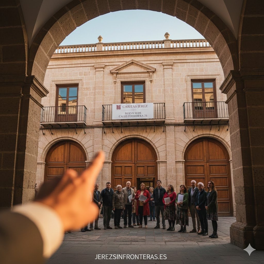 Inauguración de la nueva sede de Cáritas Jerez en calle Corredera 25: fachada del edificio histórico con equipo de voluntarios y logo institucional, imagen optimizada para jerezsinfronteras.es.