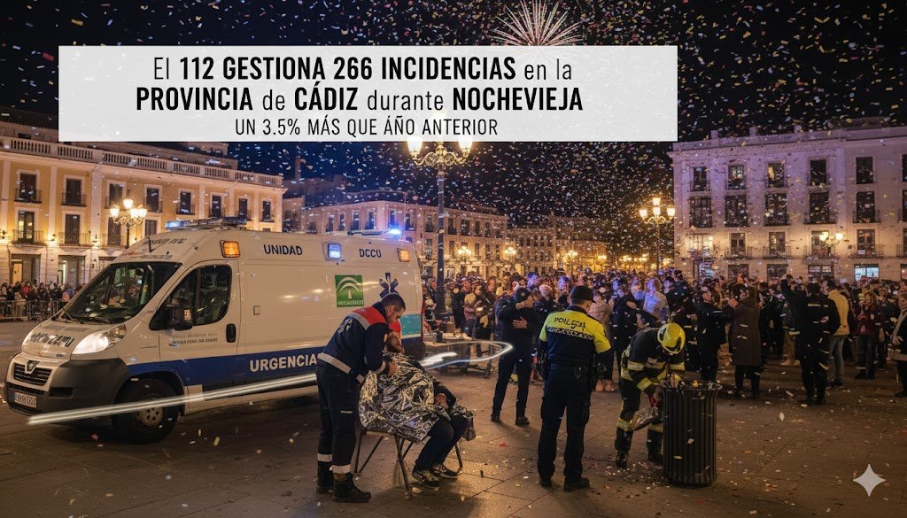 Ambulancia del Servicio Andaluz de Salud atendiendo una emergencia en una plaza concurrida de la provincia de Cádiz durante las celebraciones de Nochevieja con confeti y fuegos artificiales.
