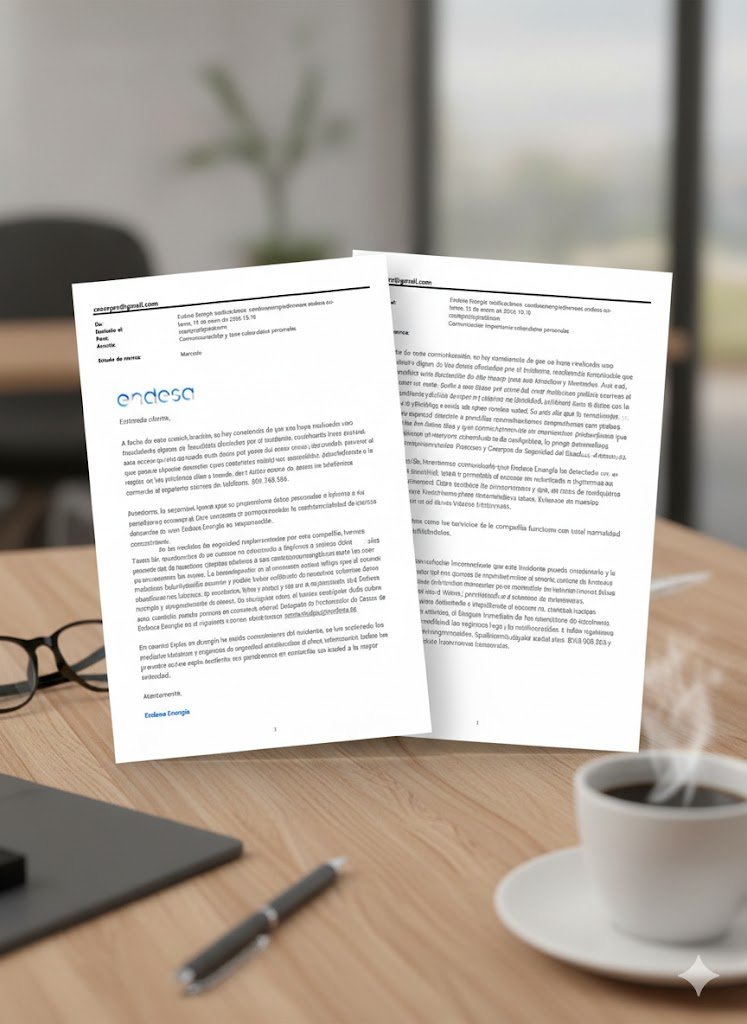 Representación de un ciberataque a Endesa mostrando un hacker interceptando datos bancarios e IBAN desde un contador inteligente de energía con gráficos de seguridad vulnerada.