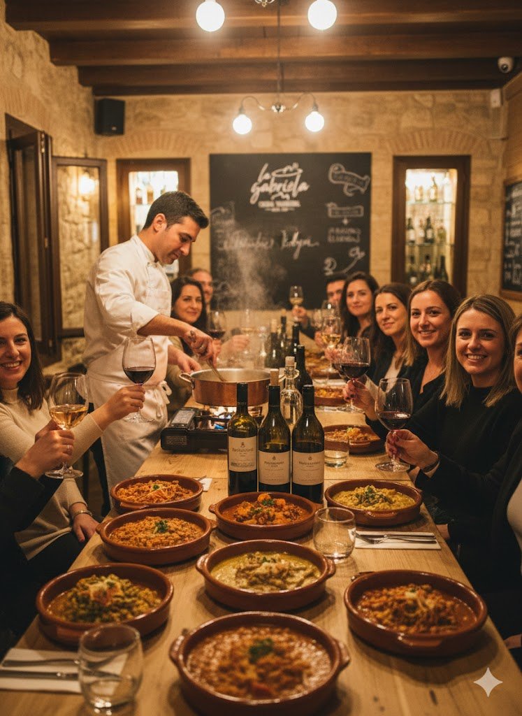 Comensales disfrutando de una cata de platos tradicionales jerezanos de cuchara y vinos en el restaurante La Gabriela de Jerez, con un chef realizando showcooking de berza y menudo.