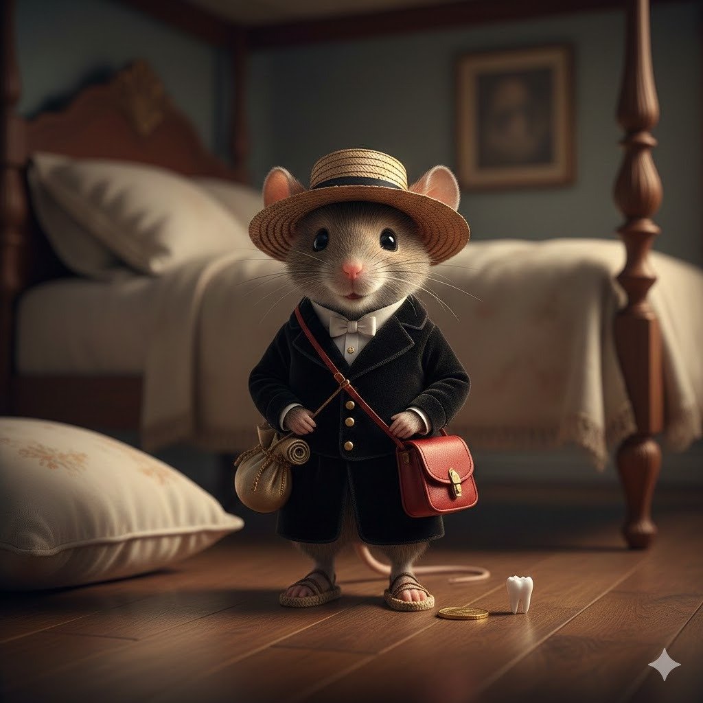Dibujo del Ratoncito Pérez con levita negra sombrero de paja y cartera roja junto a un diente de leche y una moneda de oro en una habitación.